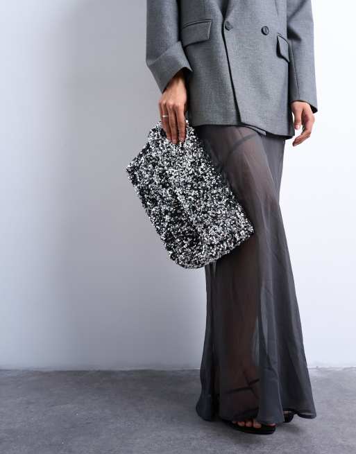 Topshop - Georgia - Clutch-handtas met omgevouwen bovenkant en lovertjes in zilver