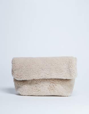 Topshop Topshop Georgia folded borg clutch grab bag in beige-Neutral