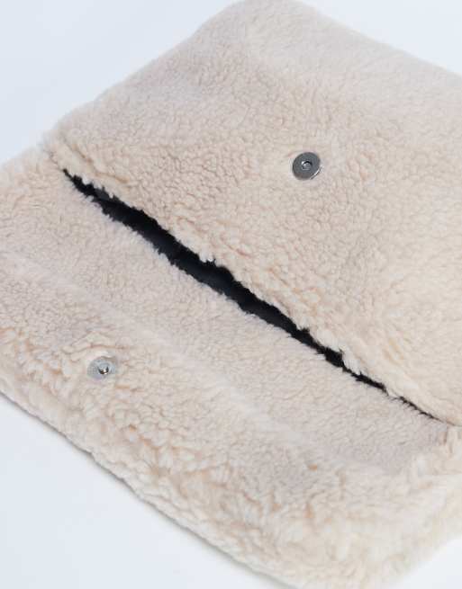 Topshop Georgia folded borg clutch purse in beige