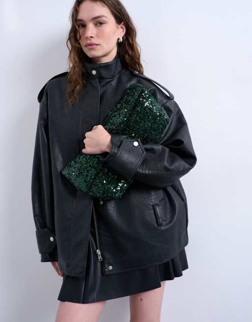 Topshop Georgia folded clutch bag in green sequins