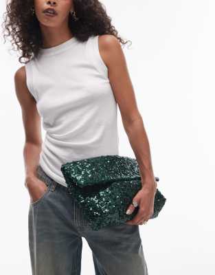 Topshop Georgia folded clutch bag in green sequins