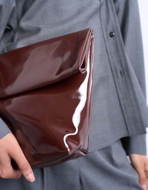 Topshop Georgia folded clutch grab bag in chocolate patent, 4 of 4
