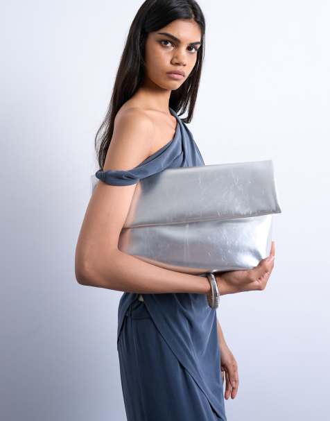 Topshop Georgia folded clutch grab bag in silver - view 1