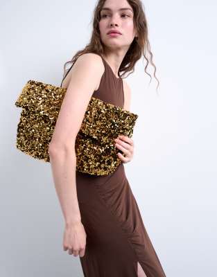 Topshop Topshop Georgia folded clutch grab sequin bag in gold