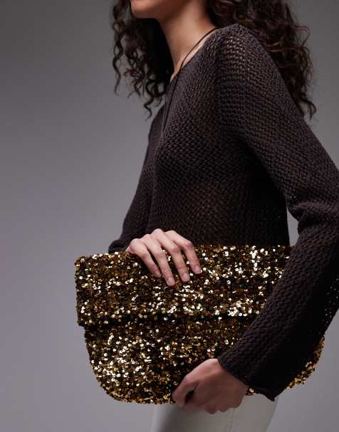 Topshop Georgia folded clutch grab sequin bag in gold - view 1