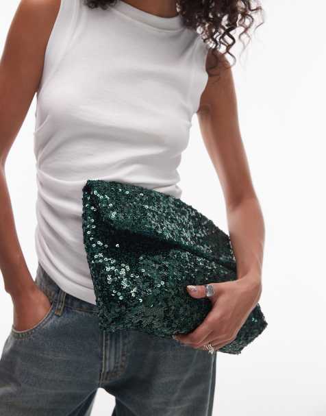 Topshop Georgia folded clutch grab sequin bag in green - view 1