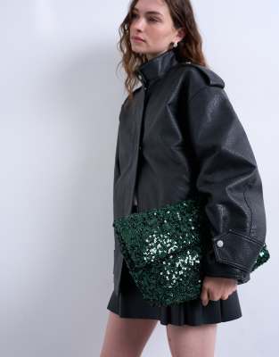 Topshop - Georgia - Gefaltete Clutch in Grün mit Paillettenbesatz