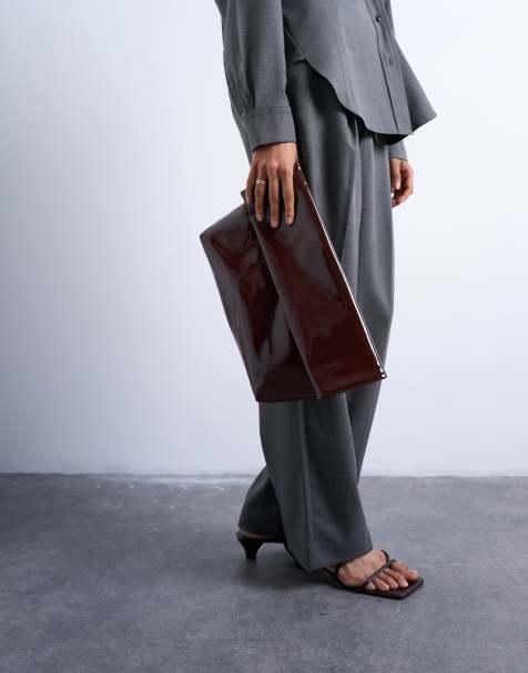 Topshop - Georgia - Gevouwen clutch handtas in lak chocoladebruin - view 1