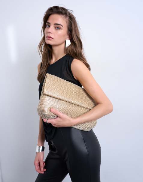 Topshop – Georgia – Guldfärgad kuvertväska med viklock och strass - view 1