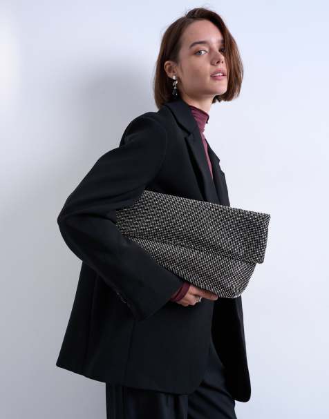 Topshop Georgia large folded clutch grab diamante bag in black - view 1