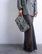 Topshop Georgia large folded clutch grab sequin bag in silver