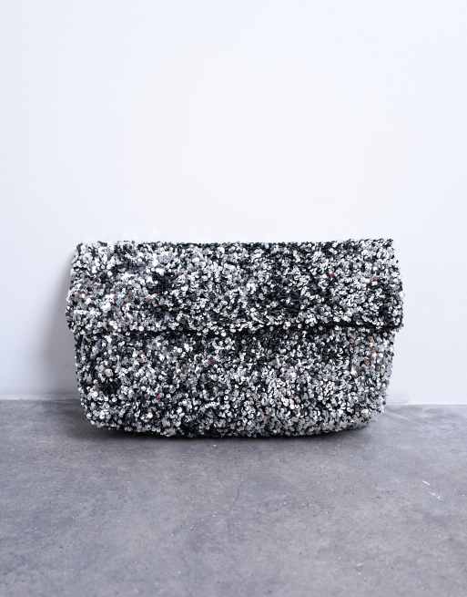 Topshop Georgia large folded clutch grab sequin bag in silver, 2 of 4