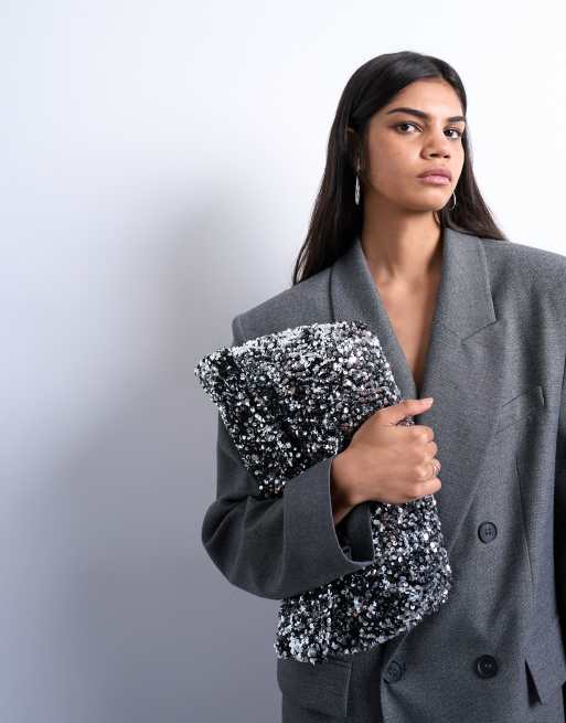 Topshop Georgia large folded clutch grab sequin bag in silver, 3 of 4
