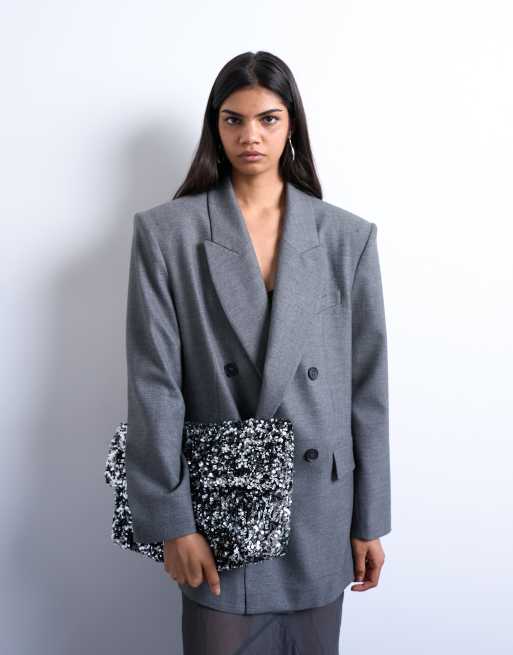 Topshop Georgia large folded clutch grab sequin bag in silver, 4 of 4