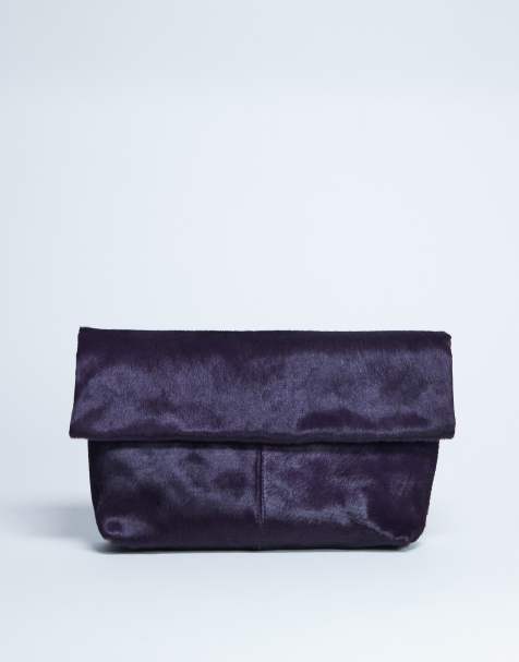Topshop Georgia leather folded clutch bag in purple pony - view 1
