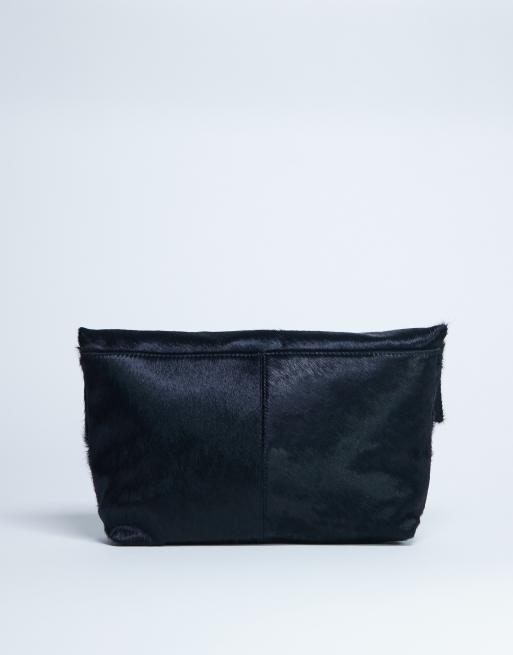 Topshop Georgia leather folded clutch grab bag in black pony, 3 of 4