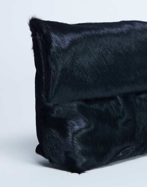 Topshop Georgia leather folded clutch grab bag in black pony, 4 of 4