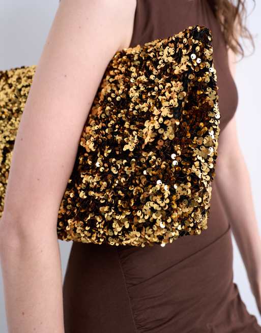 Topshop - Georgia - Pochette a mano ripiegata color oro con paillettes, 4 di 4