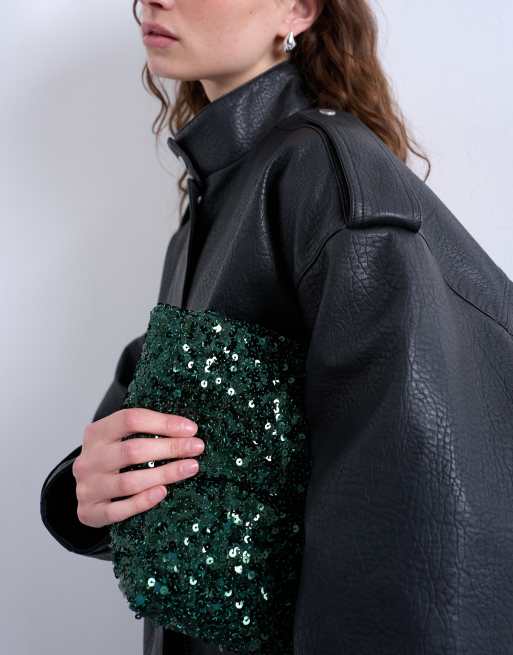 Topshop - Georgia - Pochette ornée de sequins avec partie supérieure rabattue - Vert, 4 de 4