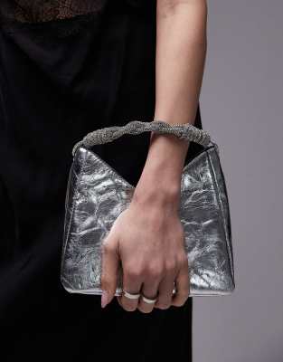 Topshop - Georgie - Borsa a mano argento con manico intrecciato decorato