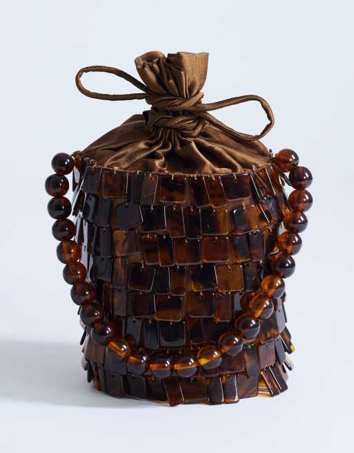 Topshop - Georgie - Borsa a secchiello piccola marrone tartarugato decorata