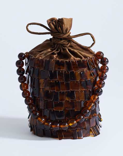 Topshop Georgie embellished grab bucket bag in brown tort - view 1