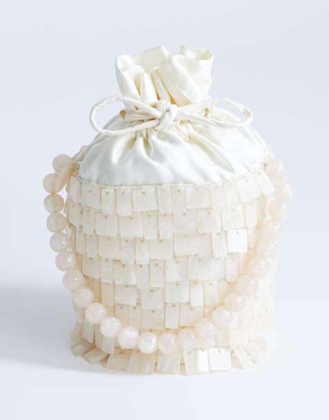 Topshop Georgie small embellished grab bucket bag in ivory - view 1