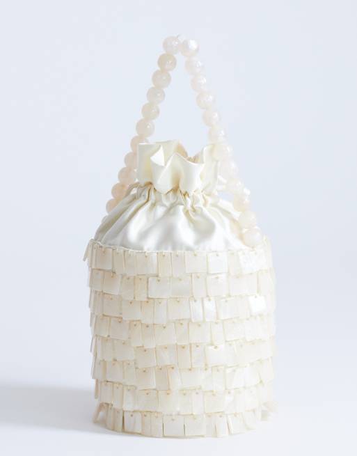 Topshop Georgie small embellished grab bucket bag in ivory, 3 of 4