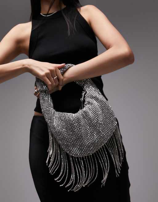 Topshop Georgie sparkly fringe grab bag in silver