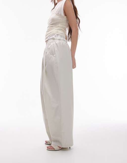 Topshop - Geplooide broek met ballonpijpen en elastische taille in ecru 