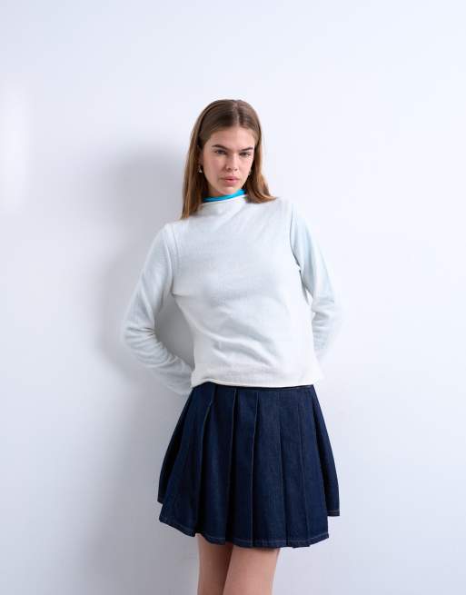 Topshop - Geplooide denim mini rok met overslag in indigo, 2 van 5