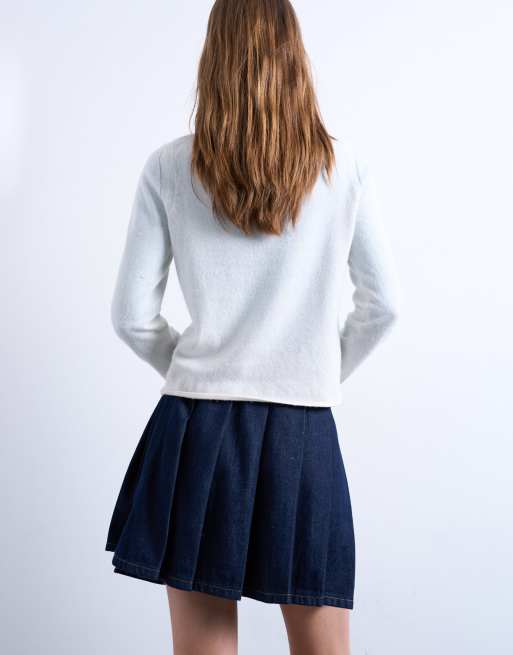 Topshop - Geplooide denim mini rok met overslag in indigo, 4 van 5