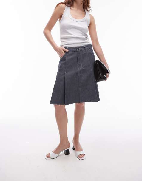Topshop - Geplooide denim rok tot op de knie in onbewerkt grijs - view 1