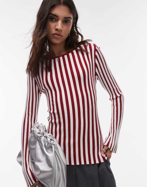 Topshop - Geplooide gebreide top met rechte hals in rood en ecru - view 1