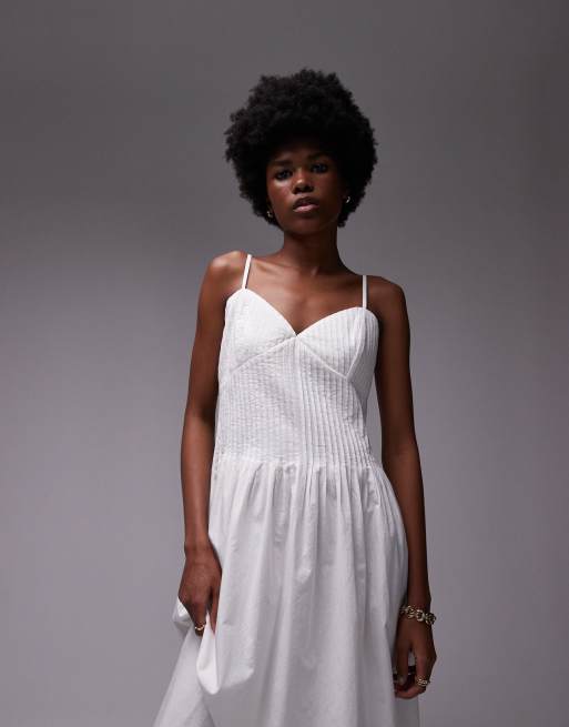 Topshop - Geplooide midi-zonnejurk met bandjes in ivoorwit