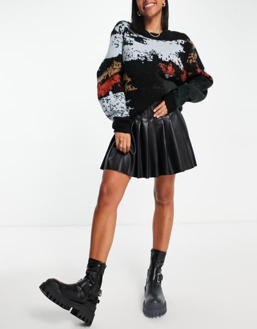 Topshop - Geplooide minirok met leerlook in zwart, 3 van 4
