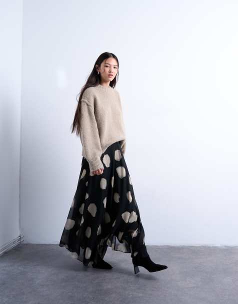 Topshop – Gepunkteter, weiter Chiffon-Maxirock in Schwarz-Weiß - view 1