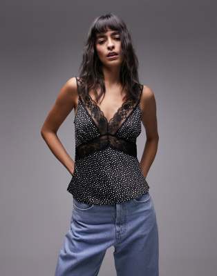 Topshop - Gepunktetes Camisole mit kontrastierendem Spitzenbesatz-Schwarz