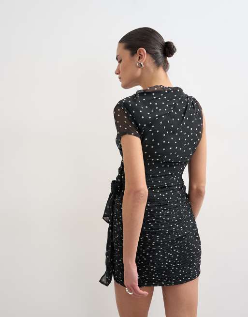 Topshop – Gepunktetes Kleid in Schwarz-Weiß mit Schärpe und angesetzten Trägern, 3 von 4