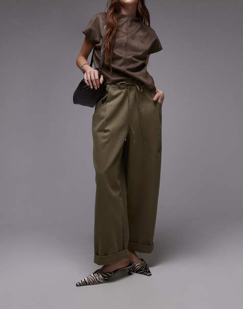 Topshop – Gerade geschnittene Hose in Khaki mit Kordelzug - view 1