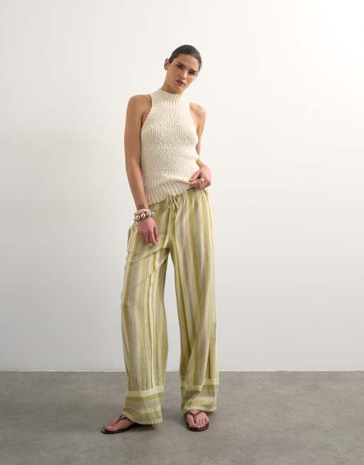 Topshop – Gerade geschnittene Leinenhose in Grün mit mehrfarbigen Streifen, 4 von 5
