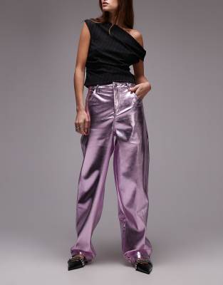 Topshop - Gerade Hose aus Leder in Metallic-Rosa