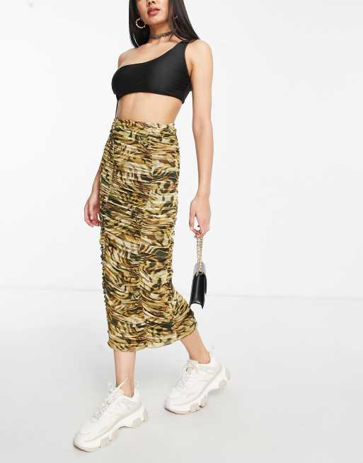 Topshop – Geraffter Netzstoff-Midirock mit Animalprint in neutralen Farben