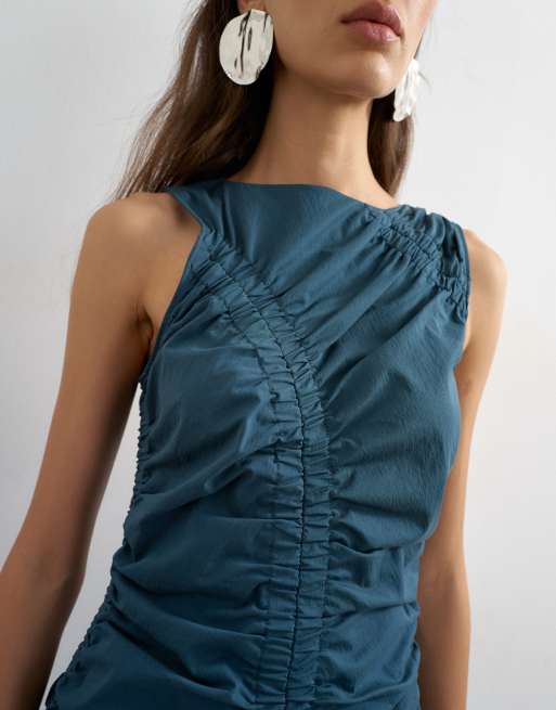 Topshop – Gerafftes, ärmelloses Midikleid in Marineblau, 3 von 4