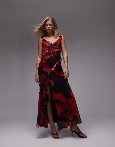 Topshop – Gerafftes Camisole-Maxikleid in markantem Rot und Rosa geblümt - view 1