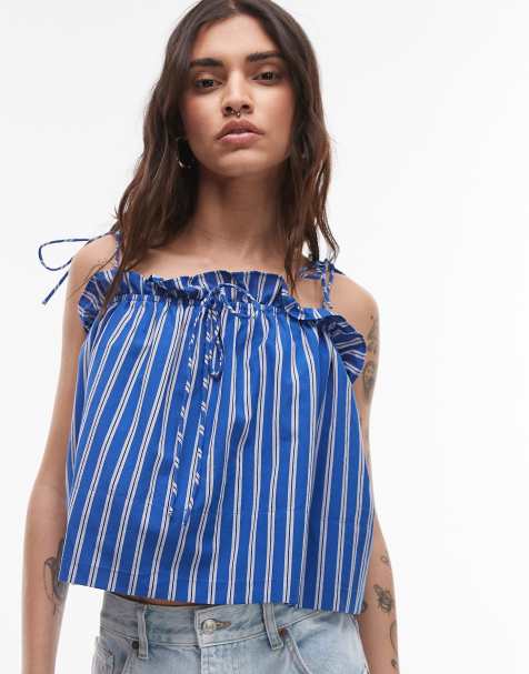 Topshop – Gerafftes Camisole-Oberteil in gestreiftem Blau - view 1