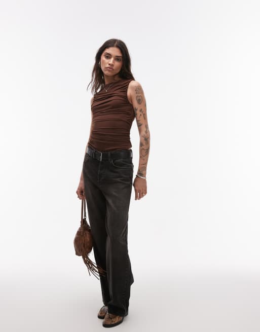 Topshop – Gerafftes Jersey-Oberteil in Braun mit U-Boot-Ausschnitt, 2 von 4