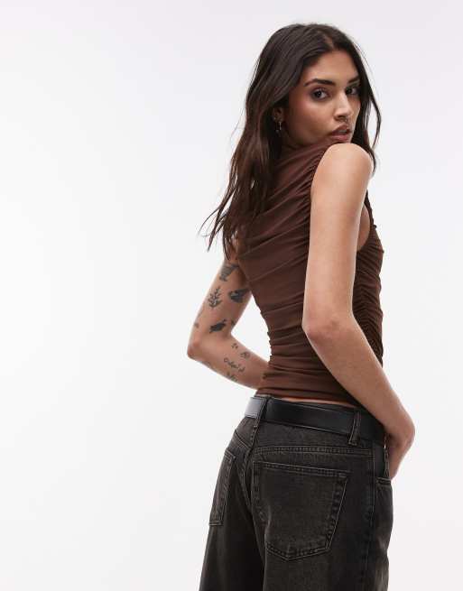 Topshop – Gerafftes Jersey-Oberteil in Braun mit U-Boot-Ausschnitt, 4 von 4