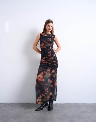 Topshop - Gerafftes Maxikleid aus Netzstoff in Schwarz mit Blumenmuster