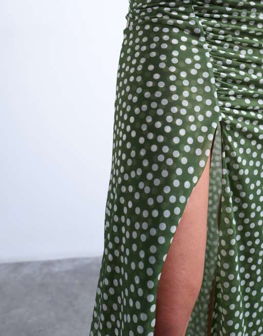 Topshop – Gerafftes Maxikleid in gepunktetem Grün, 2 von 4